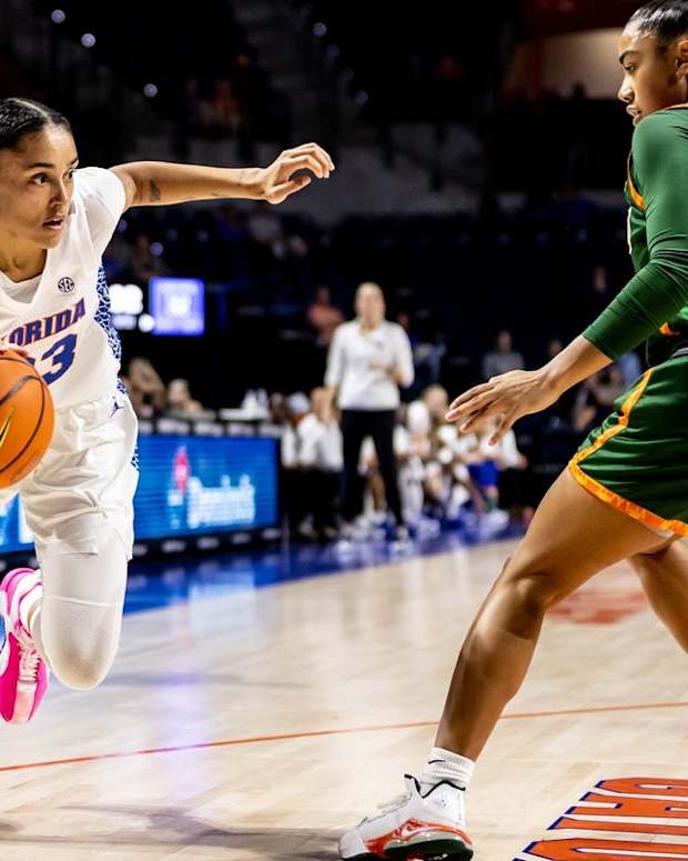 Florida Gators guard Leilani Correa (23) drives to the basketball during the first half against the Florida A&amp;M Lady Rattlers at Billy Donovan Court at Exactech Arena in Gainesville, FL on Monday, November 7, 2022. [Matt Pendleton/The Gainesville Sun]

Ncaa Women S Basketball Florida Vs Famu
